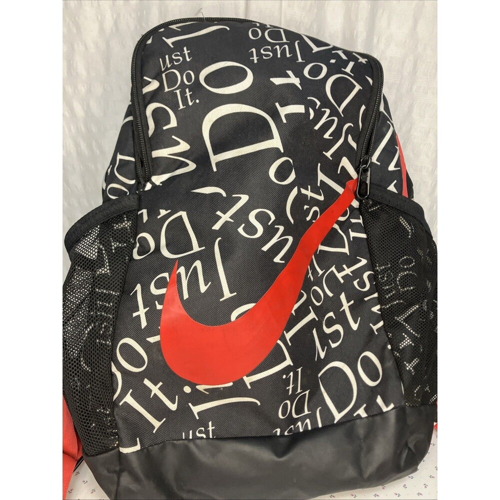 Nike Brasilia Swoosh All Over Spellout JUST DO IT Backpack Medium Size Black Red